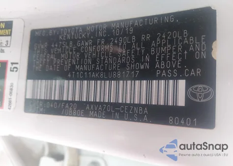 2020 Toyota Camry Le z USA, uszkodzony, nr VIN 4T1C11AK8LU881717